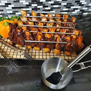Large Rib Rack for Smoking - BBQ Rib Rack Gas Charcoal Smoker - Grilling Accessories - 304 Stainless Steel Roasting Stand With Tongs, Basting Brush Sauce Pan - Non Stick Grill Rack - Barbecue Rib Rack Holds 5 slab
