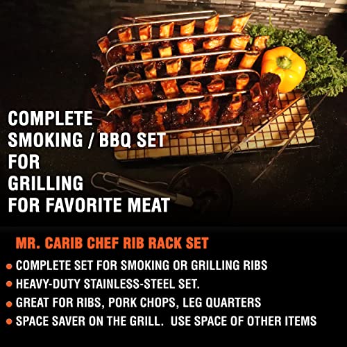 Large Rib Rack for Smoking - BBQ Rib Rack Gas Charcoal Smoker - Grilling Accessories - 304 Stainless Steel Roasting Stand With Tongs, Basting Brush Sauce Pan - Non Stick Grill Rack - Barbecue Rib Rack Holds 5 slab