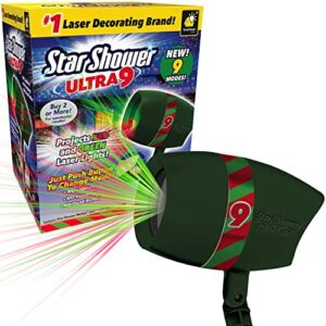 new 2022 star shower ultra 9 as-seen-on-tv with 9 enhanced modes for spectacular outdoor holiday laser lighting with thousands of lights covering 3200 square feet, green, 8.5 in
