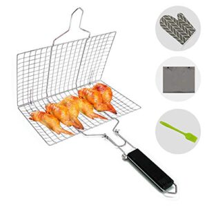 fish grill basket, fish basket non-stick stainless steel foldable nets portable with removable handle easy-to-flip for steaks seafood vegetables outdoor barbecue