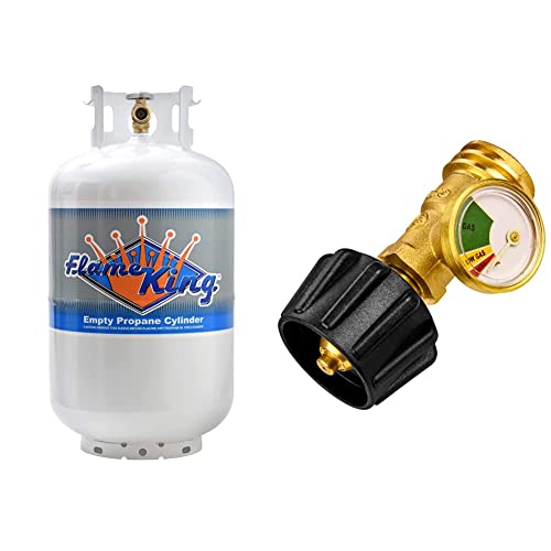 Flame King YSN-301 30 Pound Steel Propane Tank Cylinder, White & Propane Tank Gauge Level Indicator Leak Detector Gas Pressure Meter Color Coded & Glow in the Dark Universal for Cylinder