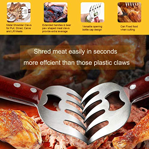 AIYUE Meat Shredding Claws Stainless Steel Pulled Pork Shredder Meat Claws for BBQ Shredding Pulling Handing Lifting & Serving Pork Turkey Chicken with Long Wood Handle (2 PCS,BPA Free)