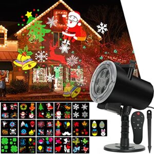 christmas holiday lights projector,waterproof ip65 indoor outdoor motion remote control 10w led projector, 16 slides holiday light party outdoor garden house apartment kids room night light