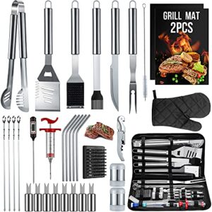 hussar 34pcs bbq grill tools set stainless steel grilling accessories with spatula, tongs, skewers for barbecue, camping, kitchen, complete premium grill utensils set in storage bag, silver, (bts-34)