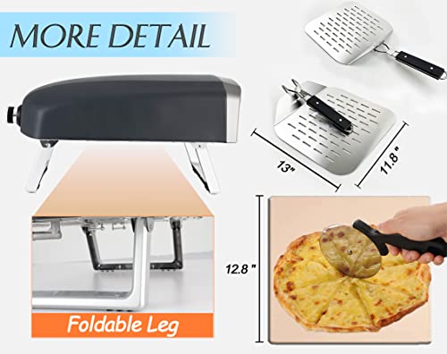 VNIMTI 12” Outdoor Gas Pizza Oven Portable Stainless Steel Pizza Grill with Pizza Stone, Peel and Cutter, Foldable Feet, Adjustable Heat Control, Great Addition for Outside, Kitchen, Party, Backyard