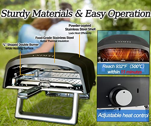 VNIMTI 12” Outdoor Gas Pizza Oven Portable Stainless Steel Pizza Grill with Pizza Stone, Peel and Cutter, Foldable Feet, Adjustable Heat Control, Great Addition for Outside, Kitchen, Party, Backyard