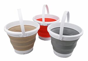 sammart 5.5l (1.4 gallon) set of 3 collapsible plastic bucket – foldable round tub – portable fishing water pail – space saving outdoor waterpot. (grey & latte & orange red)