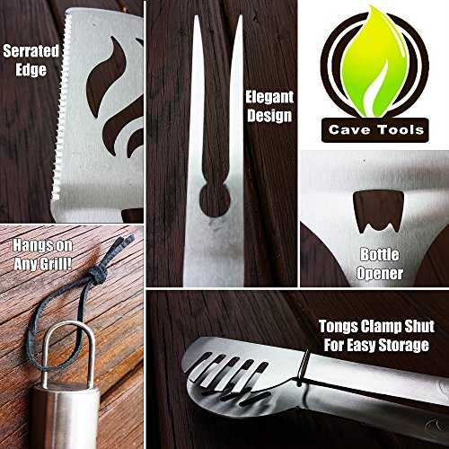 Cave Tools 3-Piece BBQ Tools Set - Includes Spatula, Tongs, & Fork - Heavy Duty Stainless Steel, Dishwasher Safe - BBQ Grill Accessories