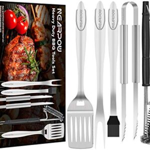 NEARPOW Heavy Duty BBQ Grill Tools Set, 18” Long Handle Grill Utensils Kit, Tongs Spatula Fork Basting Brush Cleaning Brush, Stainless Steel Barbecue Accessories Gift for Men Grilling Cooking Camping