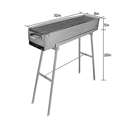 IRONWALLS Portable Charcoal Grills, 32" x 8" Stainless Steel Folded Camping Grill Kebab Skewer BBQ Barbecue Grill Kit for Garden Backyard Party Picnic Travel Home Outdoor Cooking Use