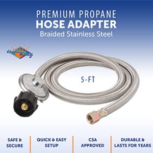 Flame King SS-QCC-3/8 5-FT Universal QCC1 Low-Pressure Propane Regulator with Stainless Steel Braided Hose for Most LP Gas Grills, Heaters, and Fire Pit Tables, 3/8" Female Flare Nut, Steel