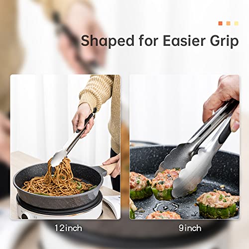 9"+12" Kitchen Tongs, Stainless Steel Grill Tongs Cooking Tongs, for Cooking Barbecue, BBQ Grilling, Buffet Serving (9"+12")