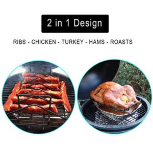 Mydracas BBQ Rib Racks for Smoking and Grilling,Turkey Roasting Rack Roast Rack Dual Purpose fit for Large Big Green Egg and Kamado Joe,Primo,Vision,18 inches and Bigger Grill