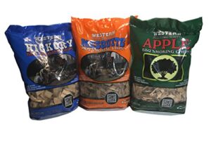 western perfect bbq smoking wood chips variety pack – bundle (3) – most popular flavors – apple, hickory & mesquite (original version)