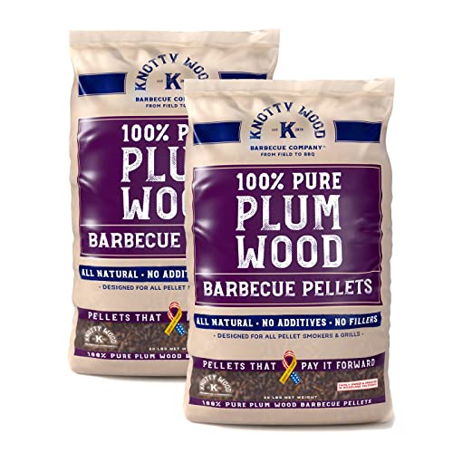 Knotty Wood Barbecue Plum Wood Cooking Pellets BBQ Smoker 100% Pure Natural Ingredients No Fillers Oils or Additives Sweet Smoke All Meats Two 20# Bags, 40 lbs Total