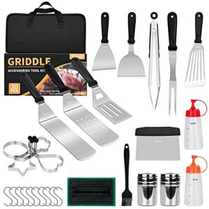 tksrn griddle accessories kit, 30 pcs flat top grill tools set for blackstone and camping cooking chef, bbq grill accessories with metal burger spatulas scraper, egg rings, carry bag