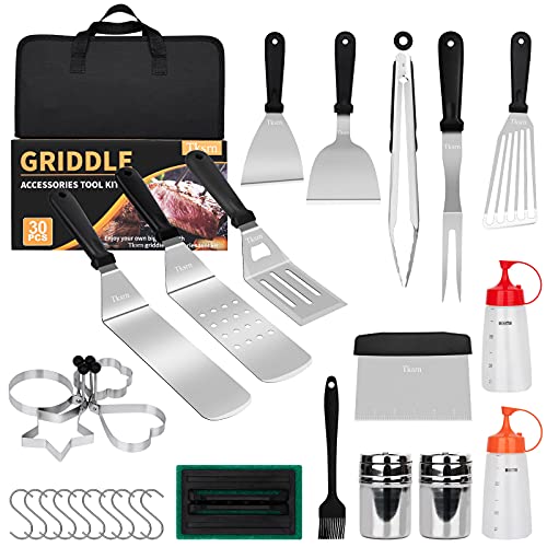 Tksrn Griddle Accessories Kit, 30 Pcs Flat Top Grill Tools Set for Blackstone and Camping Cooking Chef, BBQ Grill Accessories with Metal Burger Spatulas Scraper, Egg Rings, Carry Bag