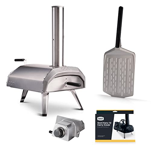 Ooni Karu 12 Multi-Fuel Outdoor Pizza Oven + Ooni 12" Perforated Pizza Peel + Ooni Karu 12 Carry Cover + Propane Gas Burner Bundle - Ideal for Any Outdoor Kitchen