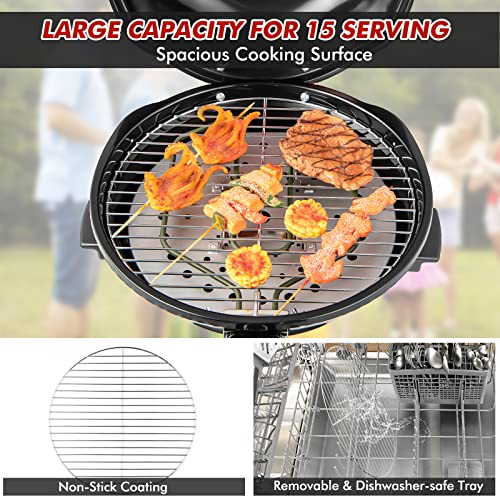 HAPPYGRILL 1600W Outdoor Electric Grill BBQ Grill for 15-Serving, Electric Barbecue Grill for Indoor & Outdoor Use, Portable Stand BBQ Grill for Patio Balcony Kitchen Garden