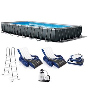 intex 26377eh 32ft x 16ft x 52in ultra xtr frame above ground rectangular swimming pool set with 2 inflatable recliner lounge chairs and cooler float