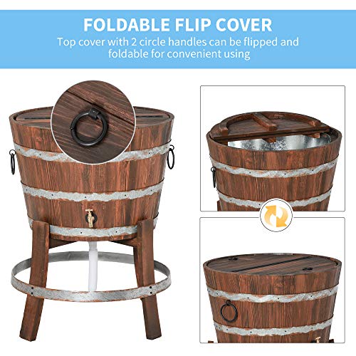 Outsunny 13 Gallons Retro Style Wooden Cooler Ice Bucket with Support Frame, Foldable Flip Cover, and Drain Faucet