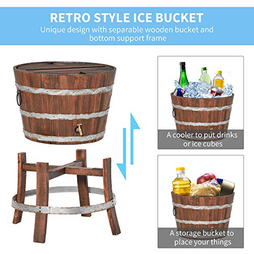 Outsunny 13 Gallons Retro Style Wooden Cooler Ice Bucket with Support Frame, Foldable Flip Cover, and Drain Faucet