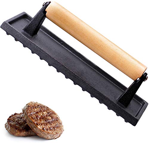 9 Inches Cast Iron Grill Press, Steak Weight Bacon Press with Wood Handle Pre-Seasoned Rectangular Barbecue BBQ Hamburger Sausage Panini Meat Griddle Press