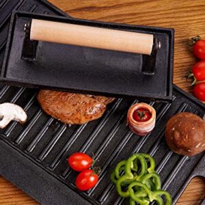 9 Inches Cast Iron Grill Press, Steak Weight Bacon Press with Wood Handle Pre-Seasoned Rectangular Barbecue BBQ Hamburger Sausage Panini Meat Griddle Press