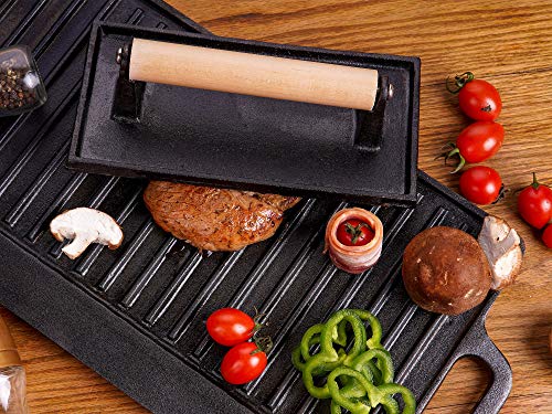 9 Inches Cast Iron Grill Press, Steak Weight Bacon Press with Wood Handle Pre-Seasoned Rectangular Barbecue BBQ Hamburger Sausage Panini Meat Griddle Press