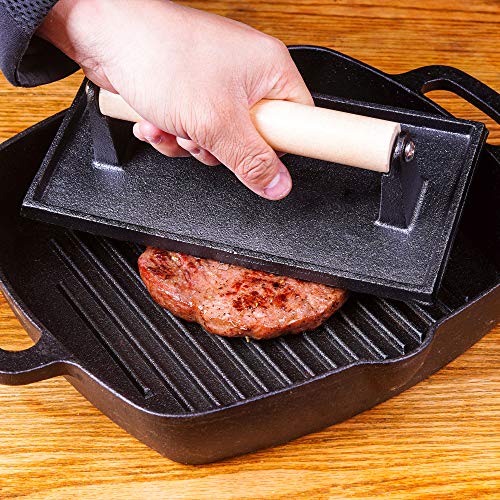 9 Inches Cast Iron Grill Press, Steak Weight Bacon Press with Wood Handle Pre-Seasoned Rectangular Barbecue BBQ Hamburger Sausage Panini Meat Griddle Press