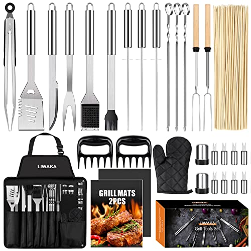 31Pcs Grill Accessories BBQ Tools Set with Storage Apron, Stainless Steel Grill Utensils Set BBQ Accessories Gift for Men Women, Perfect for Camping Backyard Barbecue