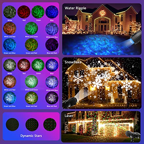 Christmas Projector Lights Outdoor, Dynamic Star Shower Laser Light with Remote Control, 3 in-1 Snowflake Projector Lamp with 10 Colors Ocean Wave, Holiday Festival Laser Show Projector with Timer