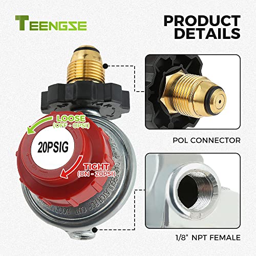 POL 0-20PSI Propane Regulator Valve, TEENGSE High Pressure Adjustable POL LP Tank Service Valve, 1/4inch NPT&3/8inch Flare Male Fitting, 5/16inch&1/4inch Hose Barb Connector for Generators, Burners