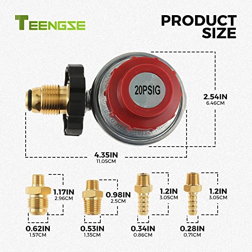 POL 0-20PSI Propane Regulator Valve, TEENGSE High Pressure Adjustable POL LP Tank Service Valve, 1/4inch NPT&3/8inch Flare Male Fitting, 5/16inch&1/4inch Hose Barb Connector for Generators, Burners