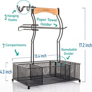 CINAI Grill Caddy, Paper Towel Holder, BBQ & Picnic Caddy, Grill Utensil Organizer, Condiment Bottles Organizer for BBQ, Cleaning Caddy, 3 Hanging Hooks, Bamboo Handle, Large, Black