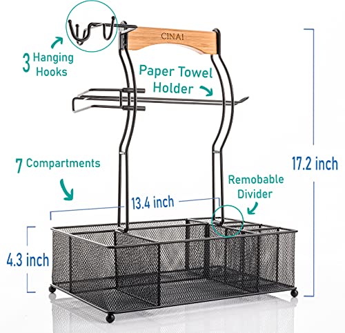 CINAI Grill Caddy, Paper Towel Holder, BBQ & Picnic Caddy, Grill Utensil Organizer, Condiment Bottles Organizer for BBQ, Cleaning Caddy, 3 Hanging Hooks, Bamboo Handle, Large, Black