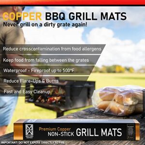 Non-Stick Copper Grill Mat Set & Baking Sheets - Pack of 5 Reusable BBQ Mats for Gas, Electric & Outdoor Grill - Multipurpose Easy To Clean Charcoal Grill Accessories (15.7 x 13 Inch)