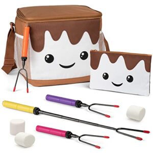 the s’mores company – smores kit with 4 marshmallow roasting sticks, kids marshmallow smores caddy for fire pit campfire accessories, for camping, glamping, picnic