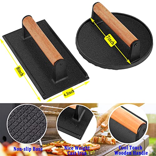 HSUJCYF 3PCS Smash Burger Press Kit, Round & Rectangle Meat Press for Griddle, Cast Iron Grill Press with Upgrade Wooden Handle for Blackstone Camp Chef Pitboss