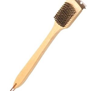 Rocky Mountain Goods Wooden Handle Grill Brush with Scraper - Long Solid Wood Handle - Stainless Steel Bristles - Non Scratch BBQ Grill Brush - Works for All Grill Types - Leather Hang Loop