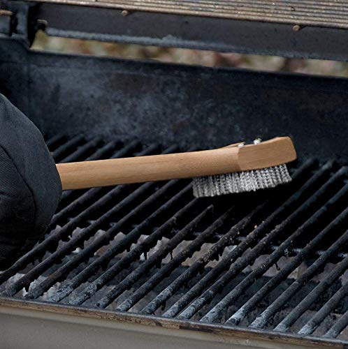 Rocky Mountain Goods Wooden Handle Grill Brush with Scraper - Long Solid Wood Handle - Stainless Steel Bristles - Non Scratch BBQ Grill Brush - Works for All Grill Types - Leather Hang Loop