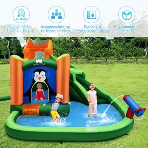 HONEY JOY Inflatable Water Slide Bounce House, 6 in 1 Outdoor Bouncy Water Park w/Splash Pool, Slide & Cannon, Climbing Wall, Penguin Blow Up Water Slides for Kids Backyard(with 735w Blower)