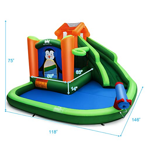 HONEY JOY Inflatable Water Slide Bounce House, 6 in 1 Outdoor Bouncy Water Park w/Splash Pool, Slide & Cannon, Climbing Wall, Penguin Blow Up Water Slides for Kids Backyard(with 735w Blower)