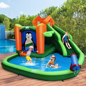 HONEY JOY Inflatable Water Slide Bounce House, 6 in 1 Outdoor Bouncy Water Park w/Splash Pool, Slide & Cannon, Climbing Wall, Penguin Blow Up Water Slides for Kids Backyard(with 735w Blower)