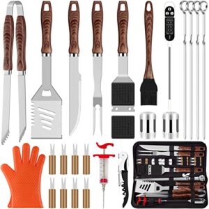 romanticist 26pcs grilling accessories kit for men women, stainless steel heavy duty bbq tools with glove and corkscrew, grill utensils set in portable canvas bag for outdoor,camping,backyard,brown