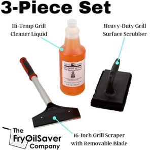 The FryOilSaver Co. 3 Piece Griddle Cleaning Kit | Grill Liquid, Scraper, & Scrubber | Grill Cleaner Flat Top Grill Accessories | Flat Top Grill Cleaning Kit