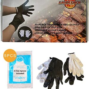 LavaLock Disposable Nitrile BBQ Gloves with Cotton Liners for Outdoor Cooking Grilling Smokers and Barbecue Competition, Chef or Kitchen use (Large 50 Count Black)