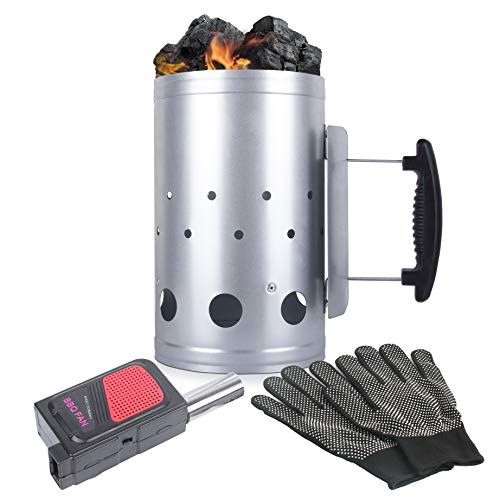 Eau Large Charcoal Chimney Starter, 11x7 Inch Chimney Starter with Set Fireplace Accessories for BBQ Charcoal Grill Briquette Coal Fire Starter Chimney, Quick Rapid Fire Briquette Charcoal Starter