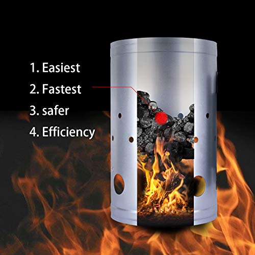 Eau Large Charcoal Chimney Starter, 11x7 Inch Chimney Starter with Set Fireplace Accessories for BBQ Charcoal Grill Briquette Coal Fire Starter Chimney, Quick Rapid Fire Briquette Charcoal Starter