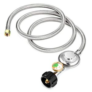 wadeo 5ft gas grill regulator and hose with gauge, stainless braided propane hose with regulator, propane adapter for gas water heater, fire pit, burner stove, smoker, 3/8″ female flare nut